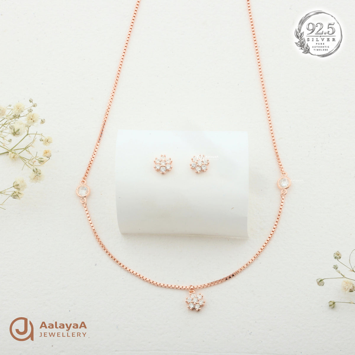 Silver Rosegold Blossom Solitaire Necklace Set