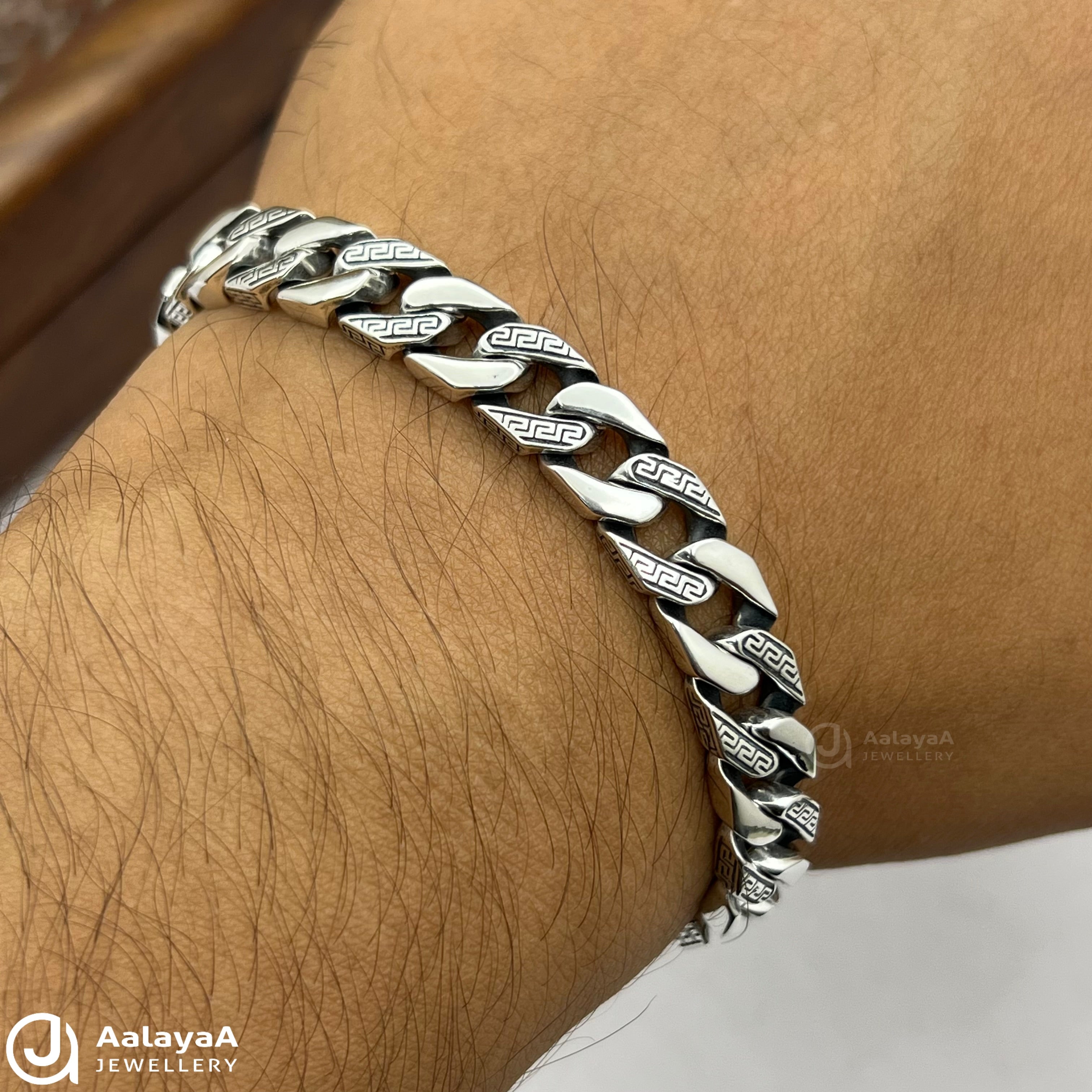Oxidised Silver Engraved Cuban Link Bracelet