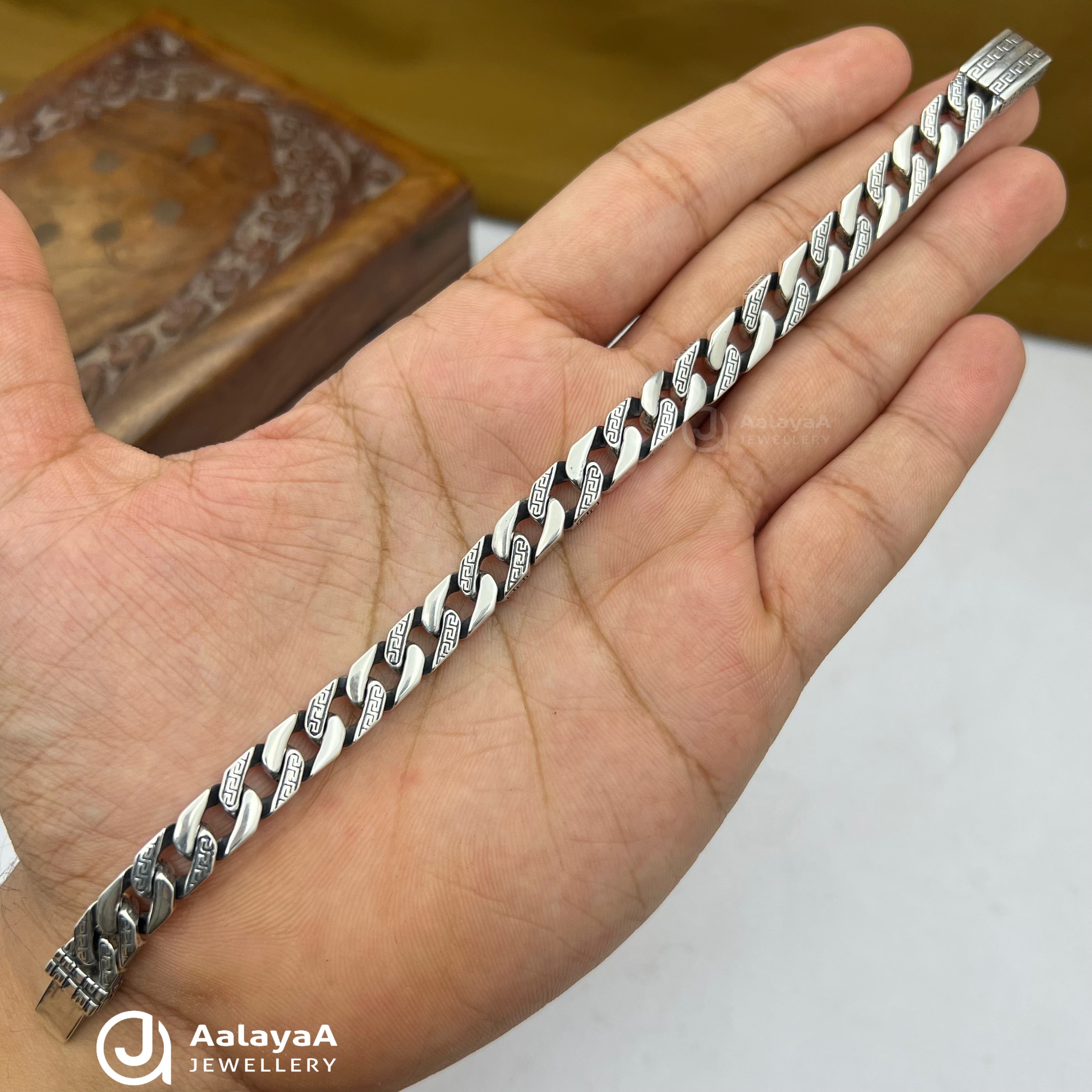 Oxidised Silver Engraved Cuban Link Bracelet