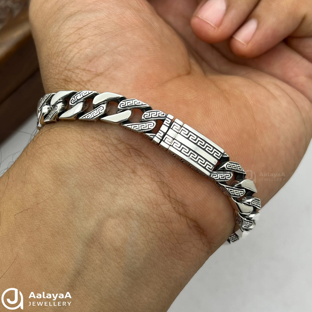 Oxidised Silver Engraved Cuban Link Bracelet