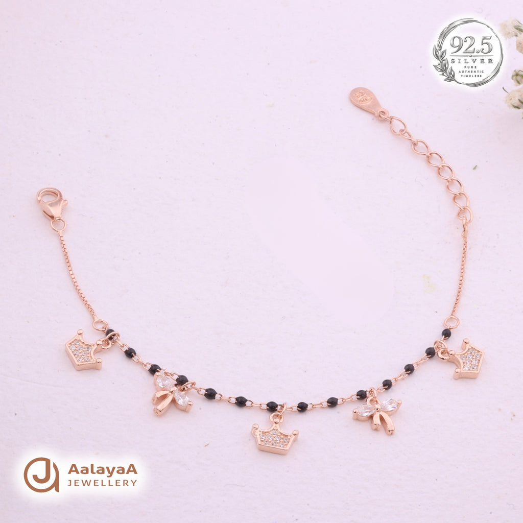 Silver Rosegold Black Bead Crown Charm Bracelet