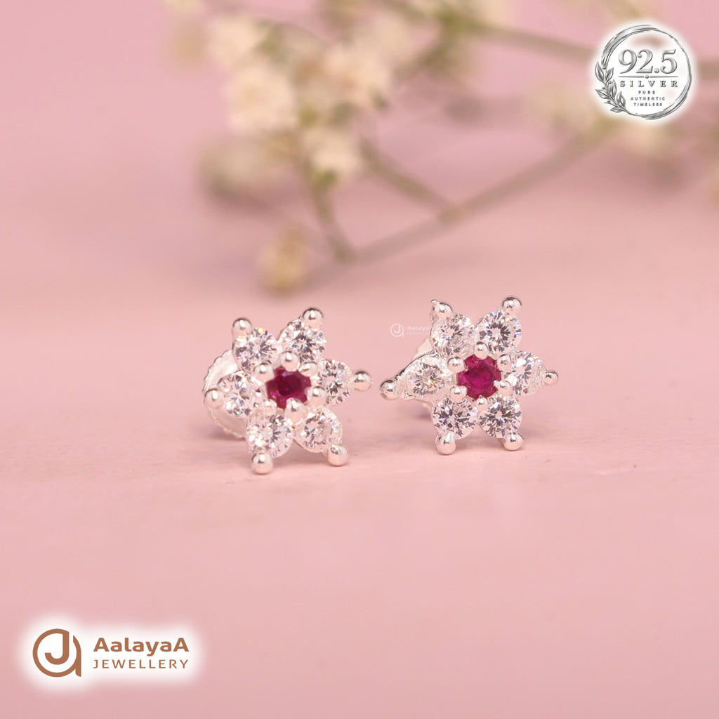 Silver Ruby Blossom Earring