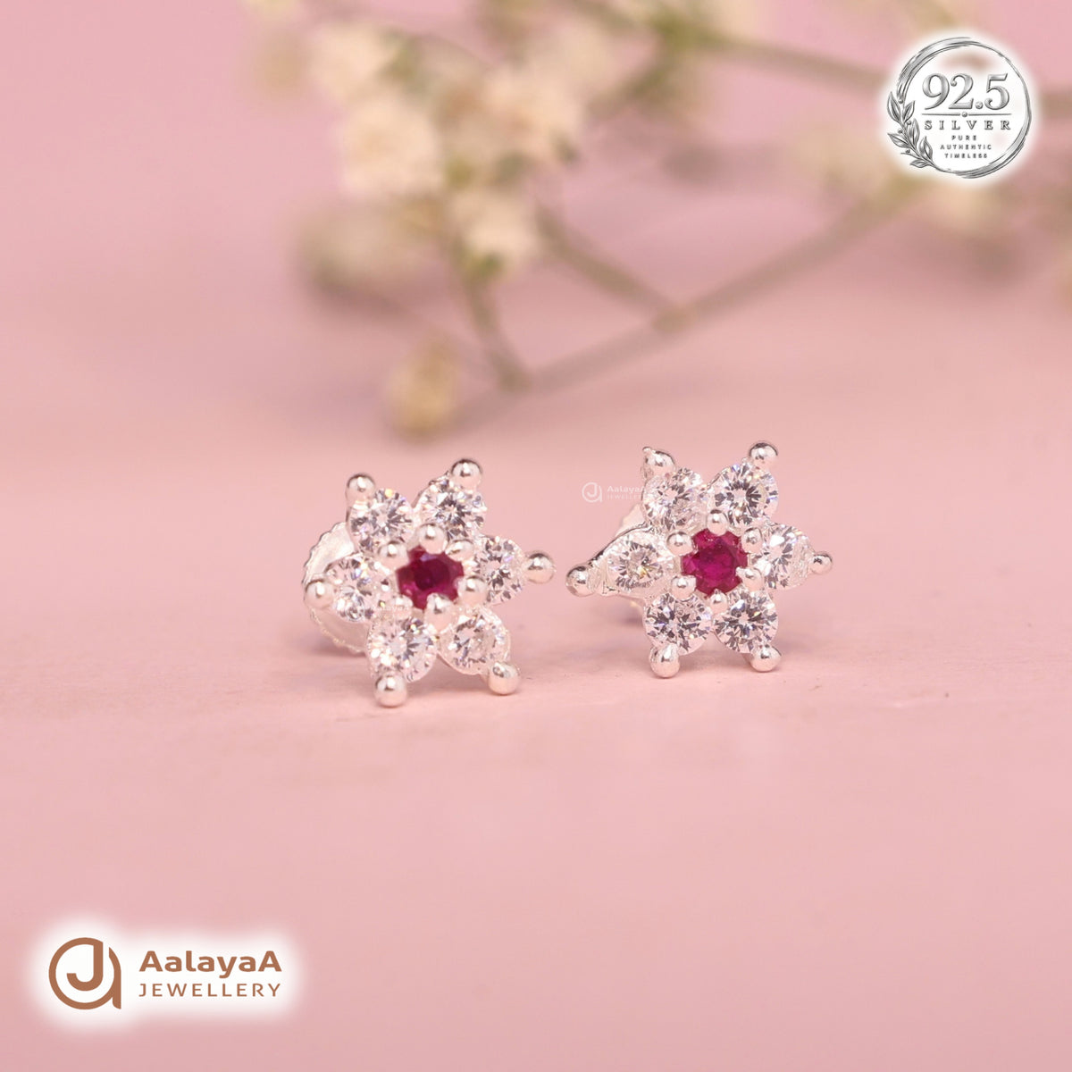 Silver Ruby Blossom Earring
