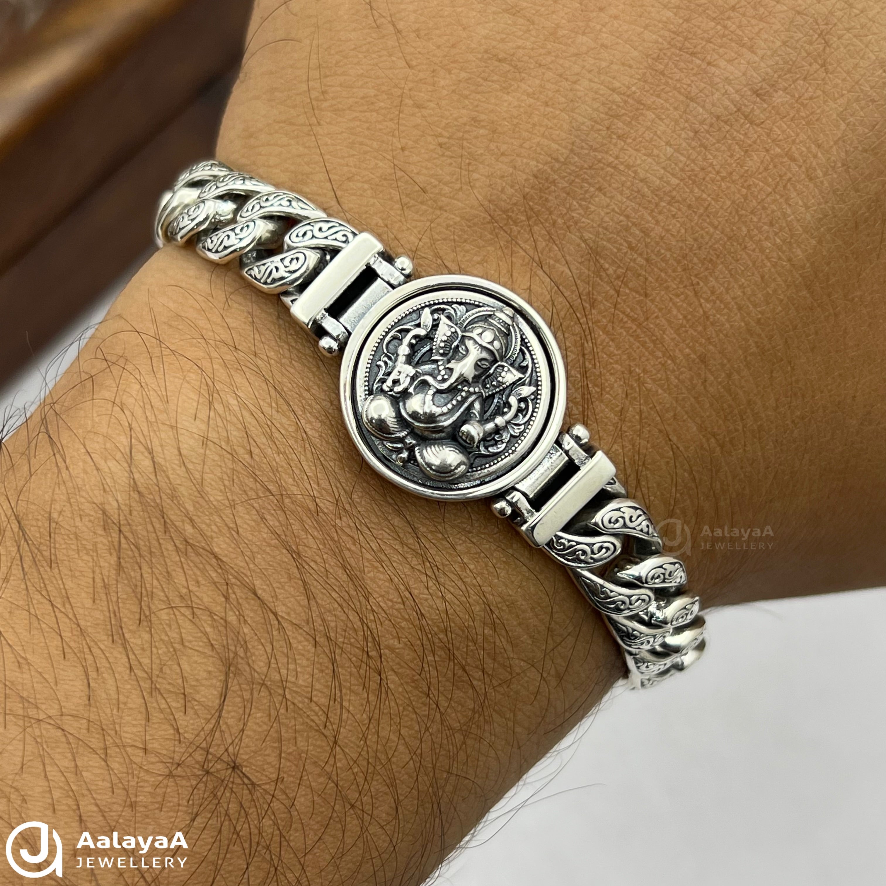 Oxidised Silver Cuban Link Ganesha Rotating Bracelet