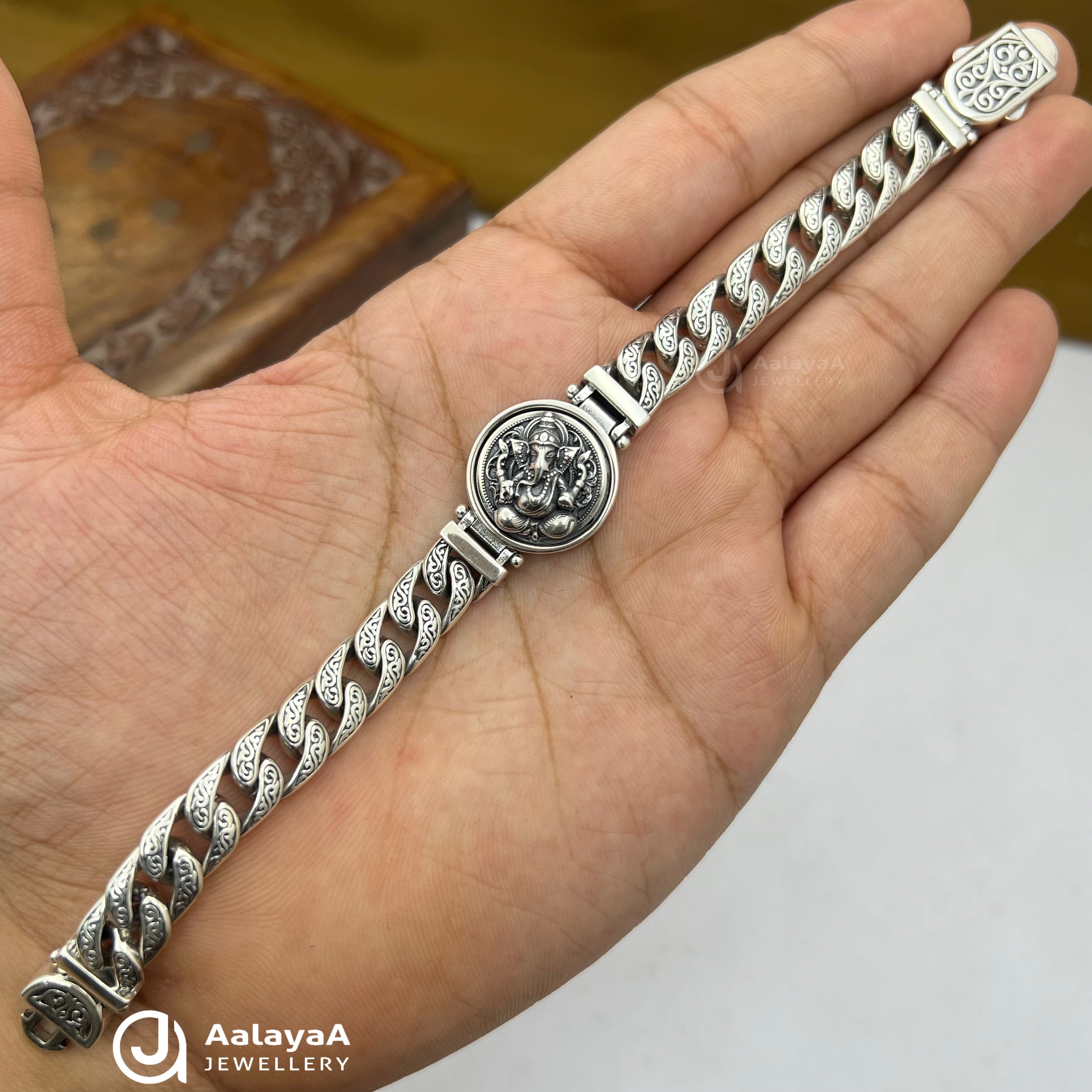 Oxidised Silver Cuban Link Ganesha Rotating Bracelet