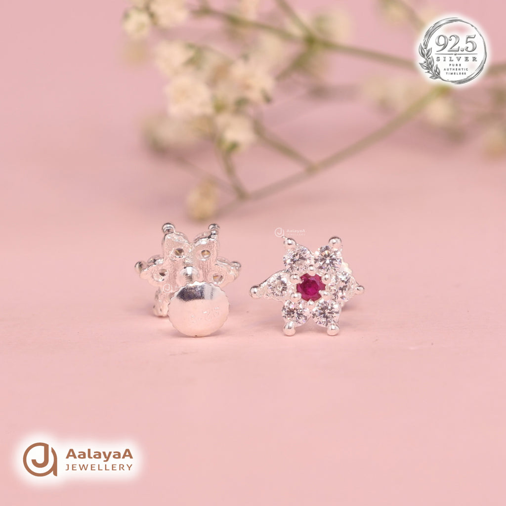 Silver Ruby Blossom Earring