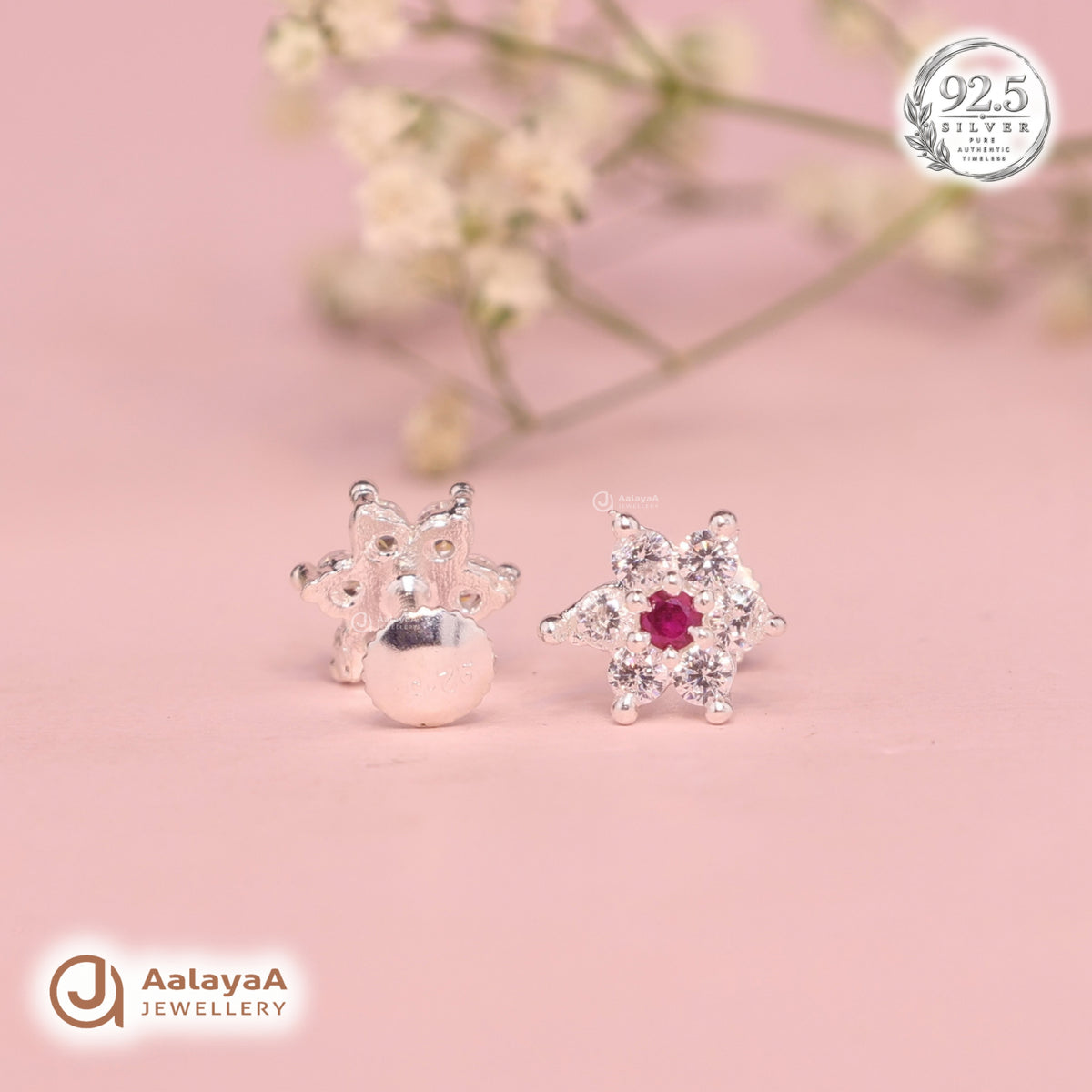 Silver Ruby Blossom Earring