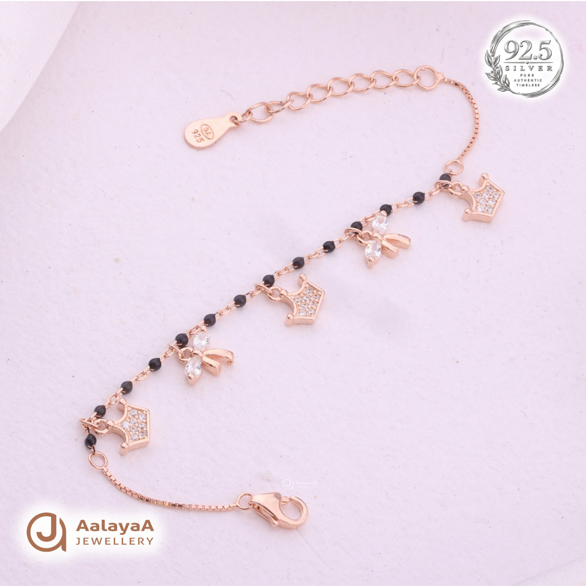 Silver Rosegold Black Bead Crown Charm Bracelet