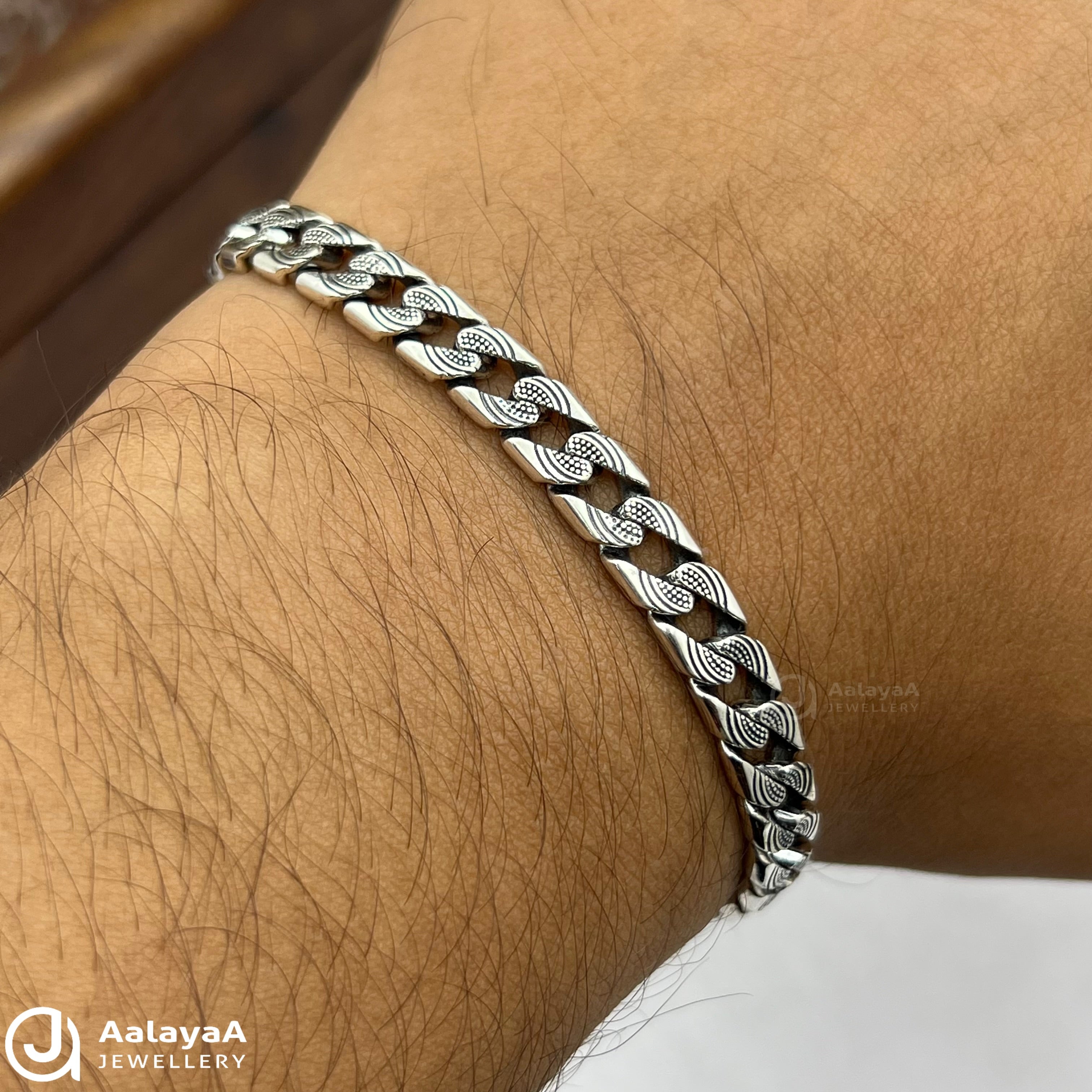 Oxidised Silver Engraved Cuban Link Bracelet