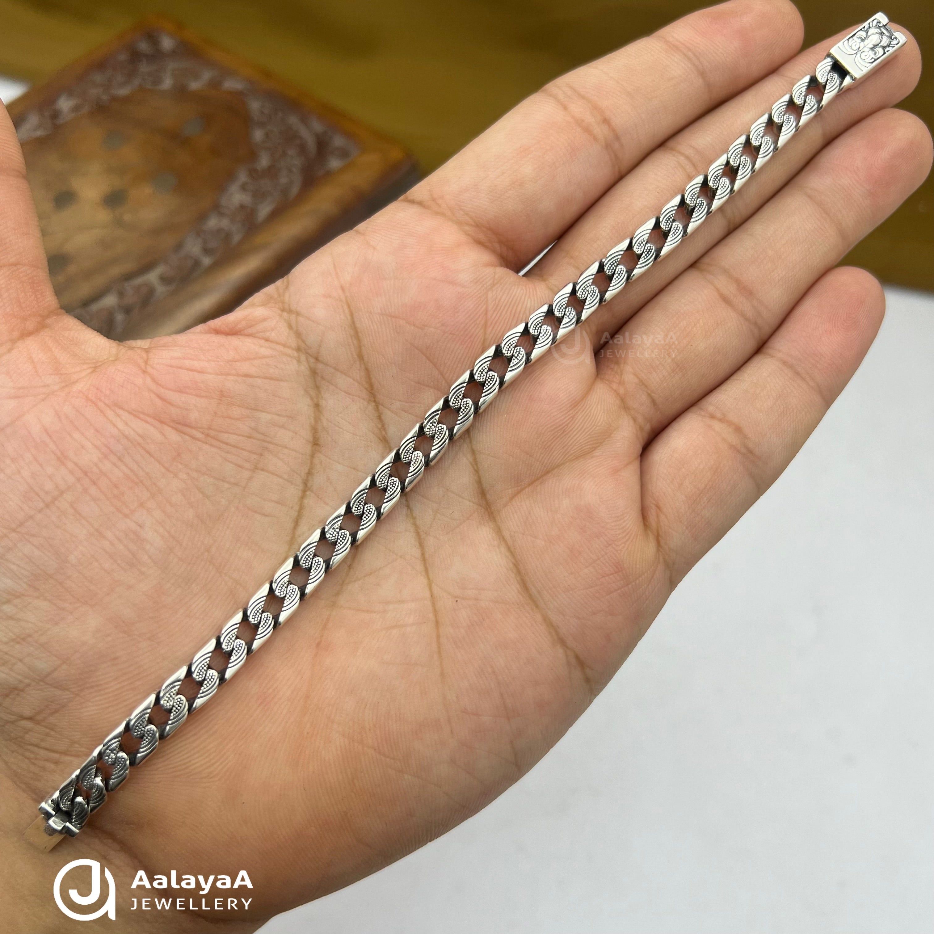 Oxidised Silver Engraved Cuban Link Bracelet