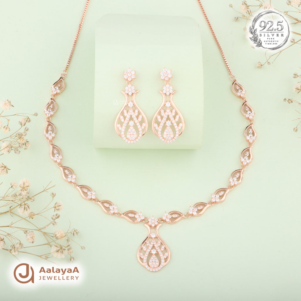 Silver Rose Gold Avira Teardrop Necklace Set
