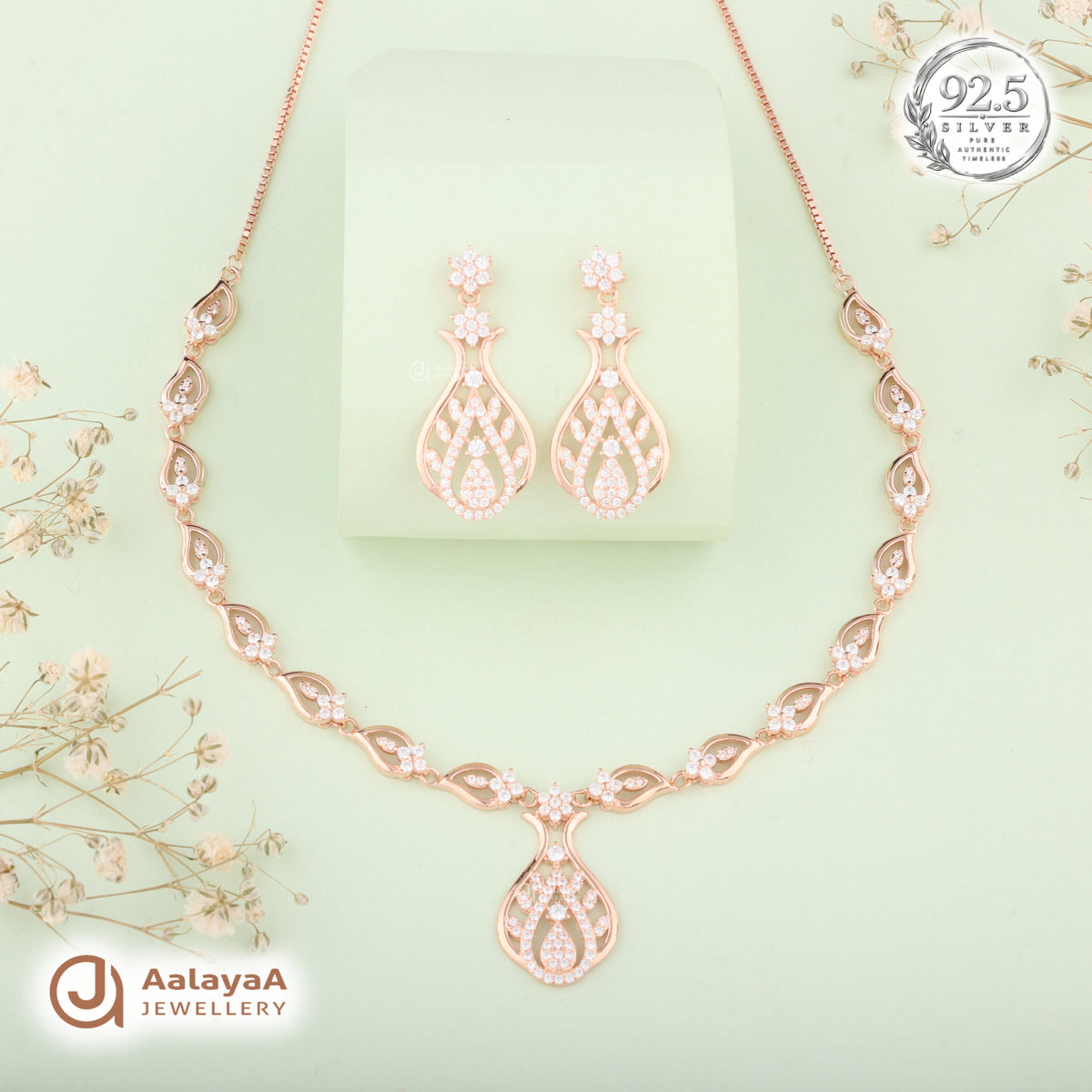 Silver Rose Gold Avira Teardrop Necklace Set