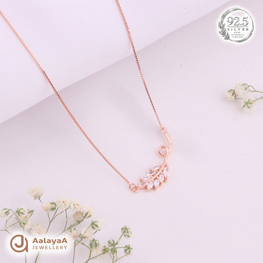 Silver RoseGold Crystal Leaf Swirl Chain Pendant