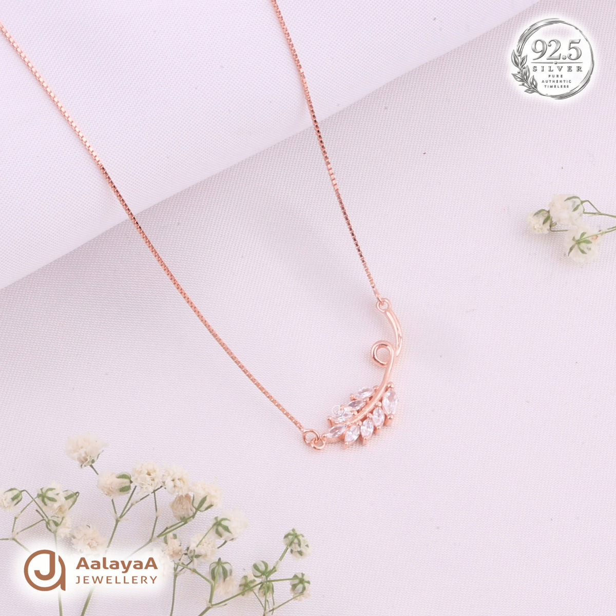 Silver RoseGold Crystal Leaf Swirl Chain Pendant