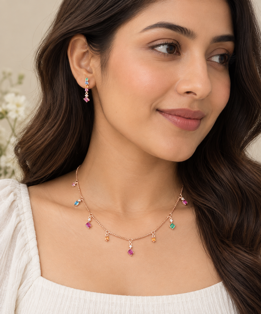 Silver Rosegold Rainbow Charm Necklace Set