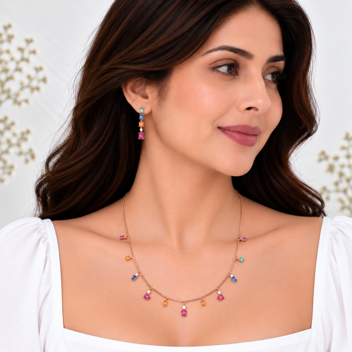 Silver Rosegold Rainbow Charm Necklace Set