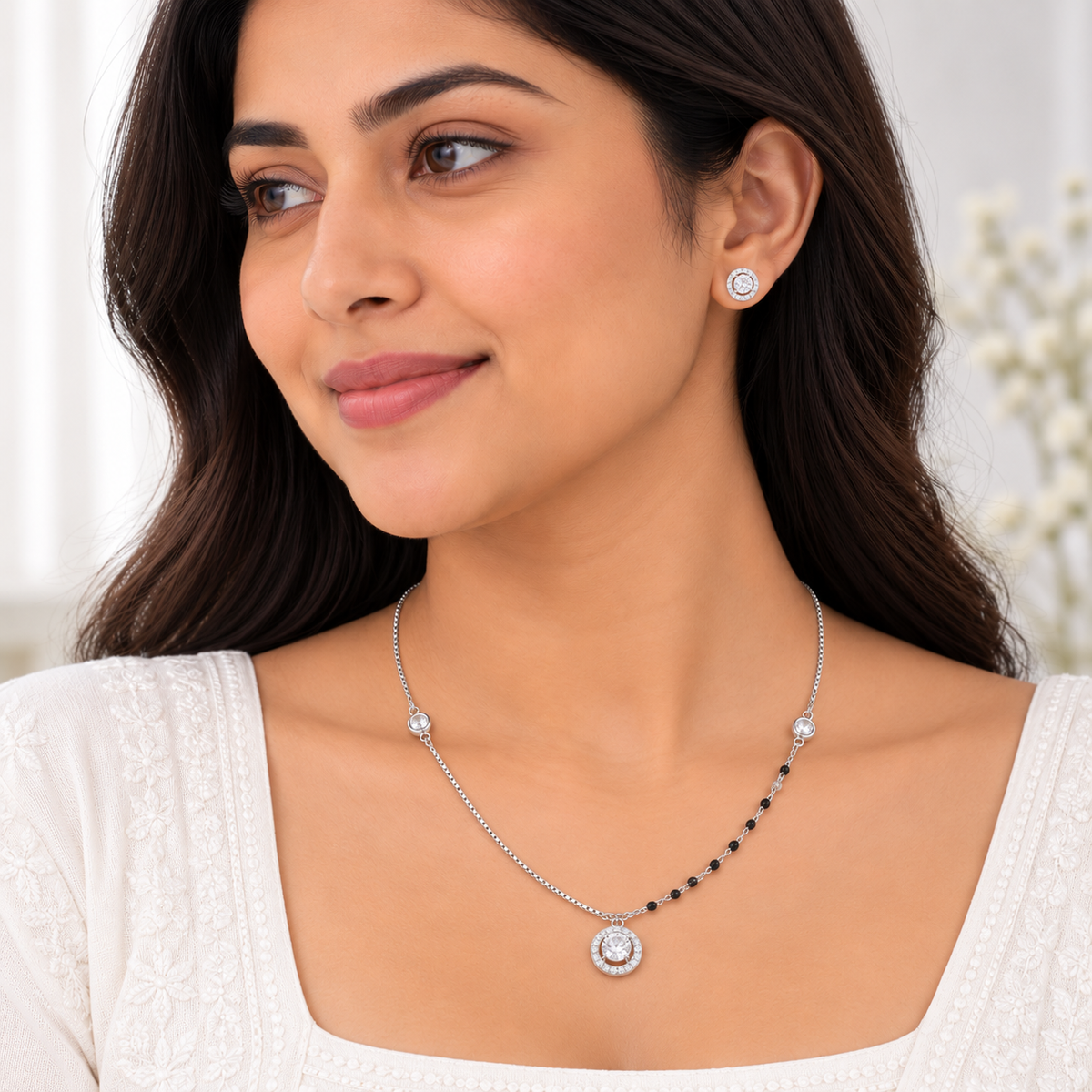 Silver Crystal Halo Necklace Set