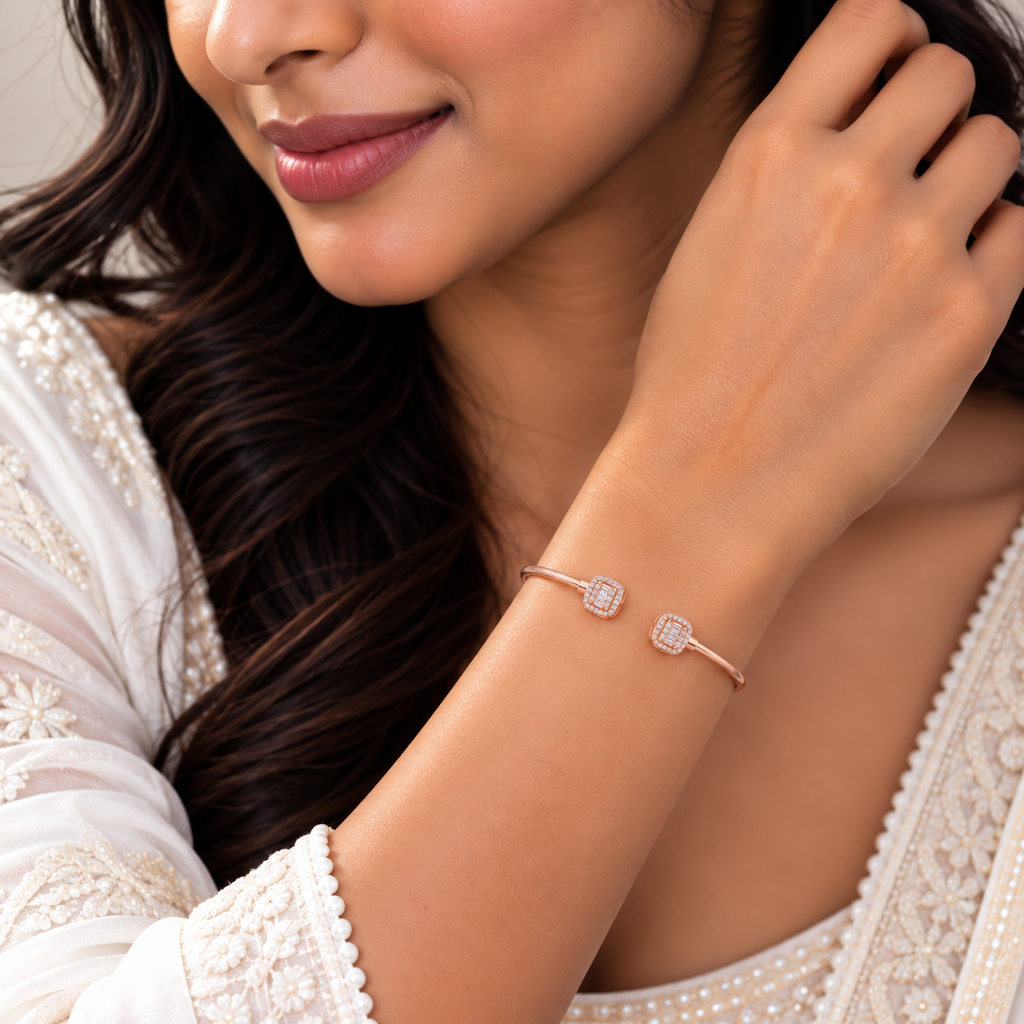Silver Rosegold Emerald Cut Halo Kada