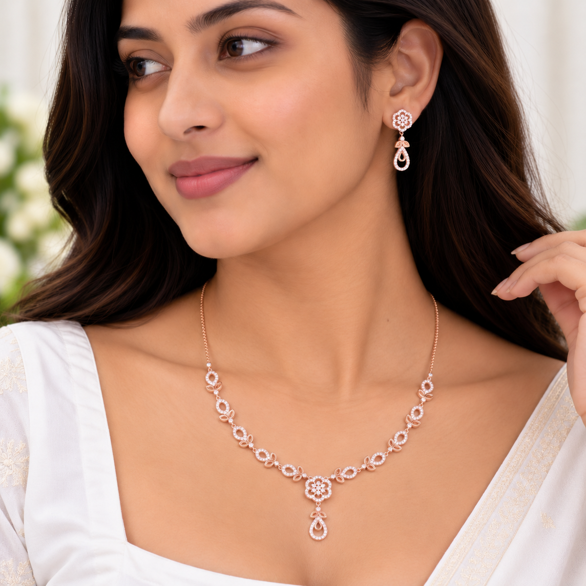 Silver Rose Gold Evanna Petal Necklace Set