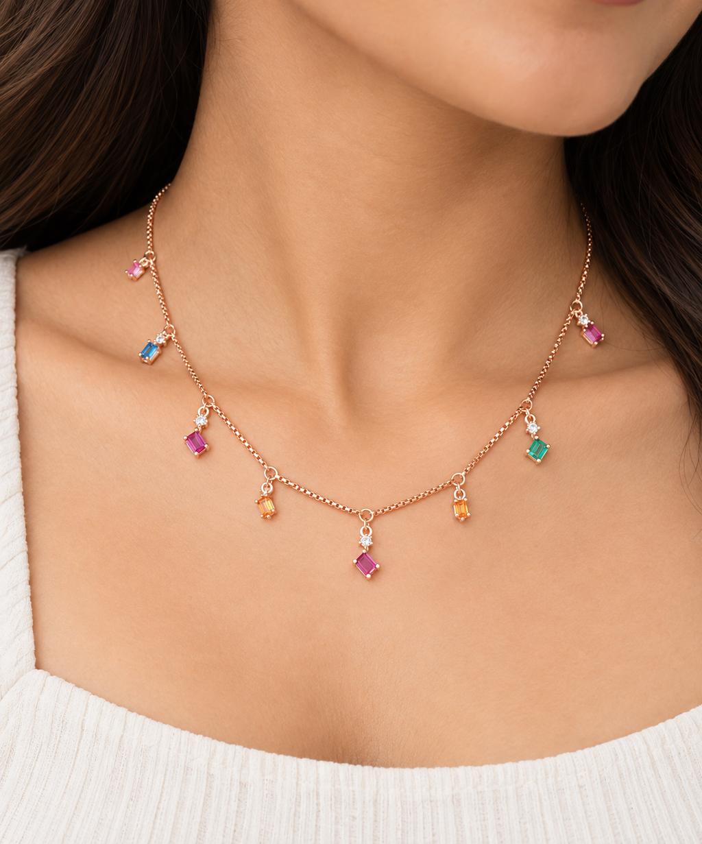 Silver Rosegold Rainbow Charm Necklace Set