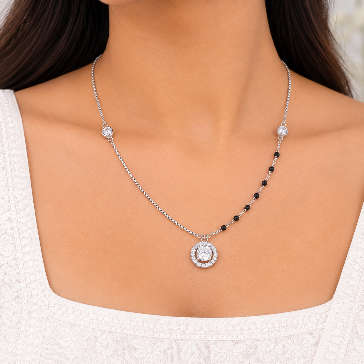 Silver Crystal Halo Necklace Set