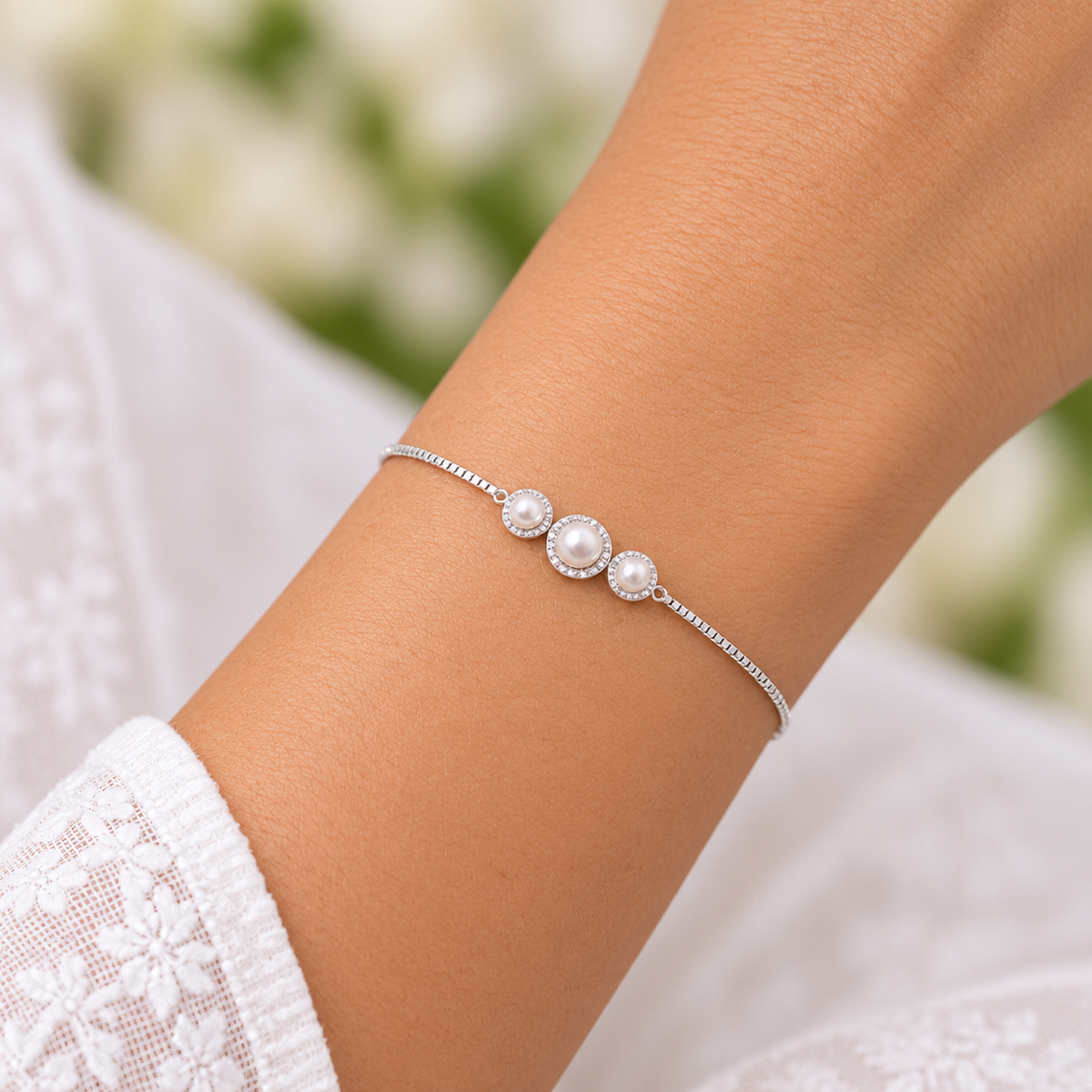 Silver Triple Pearl Elegance Bracelet