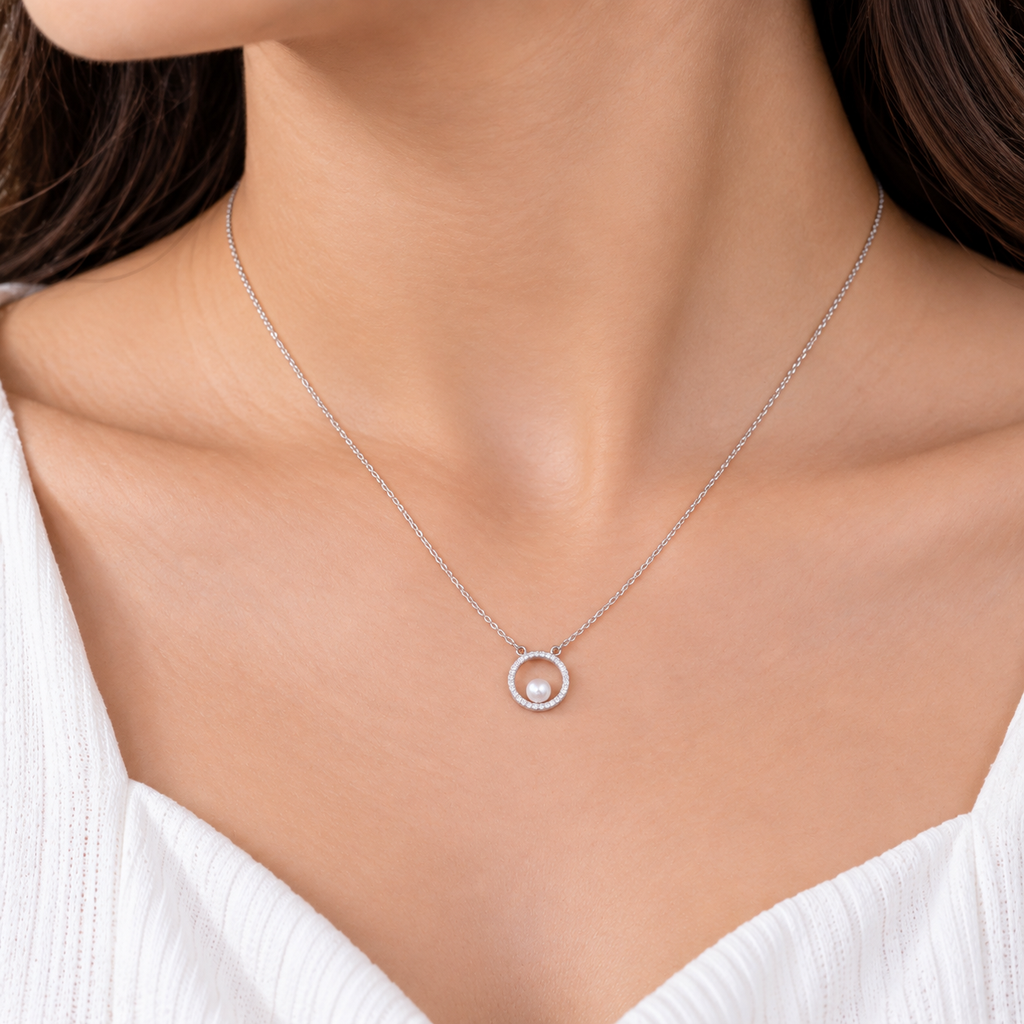 Silver Pearl Circle Halo Chain Pendant