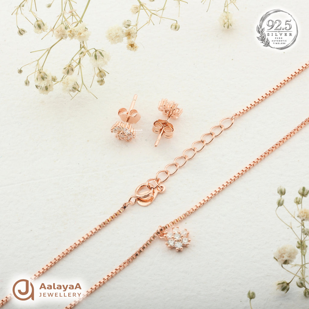 Silver Rosegold Blossom Solitaire Necklace Set