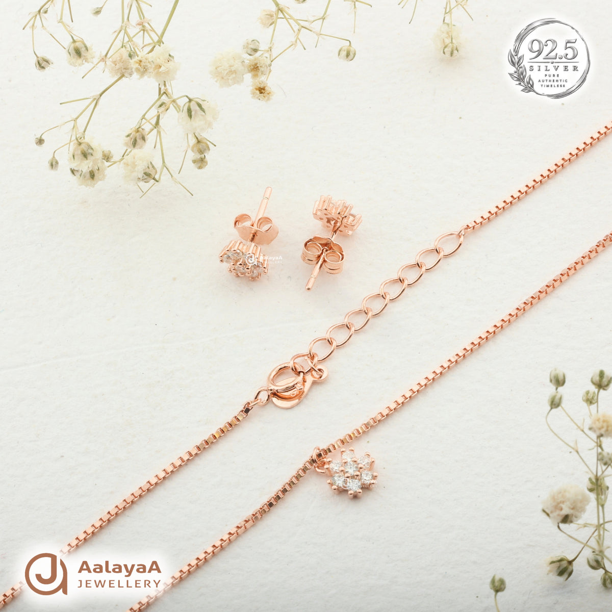 Silver Rosegold Blossom Solitaire Necklace Set