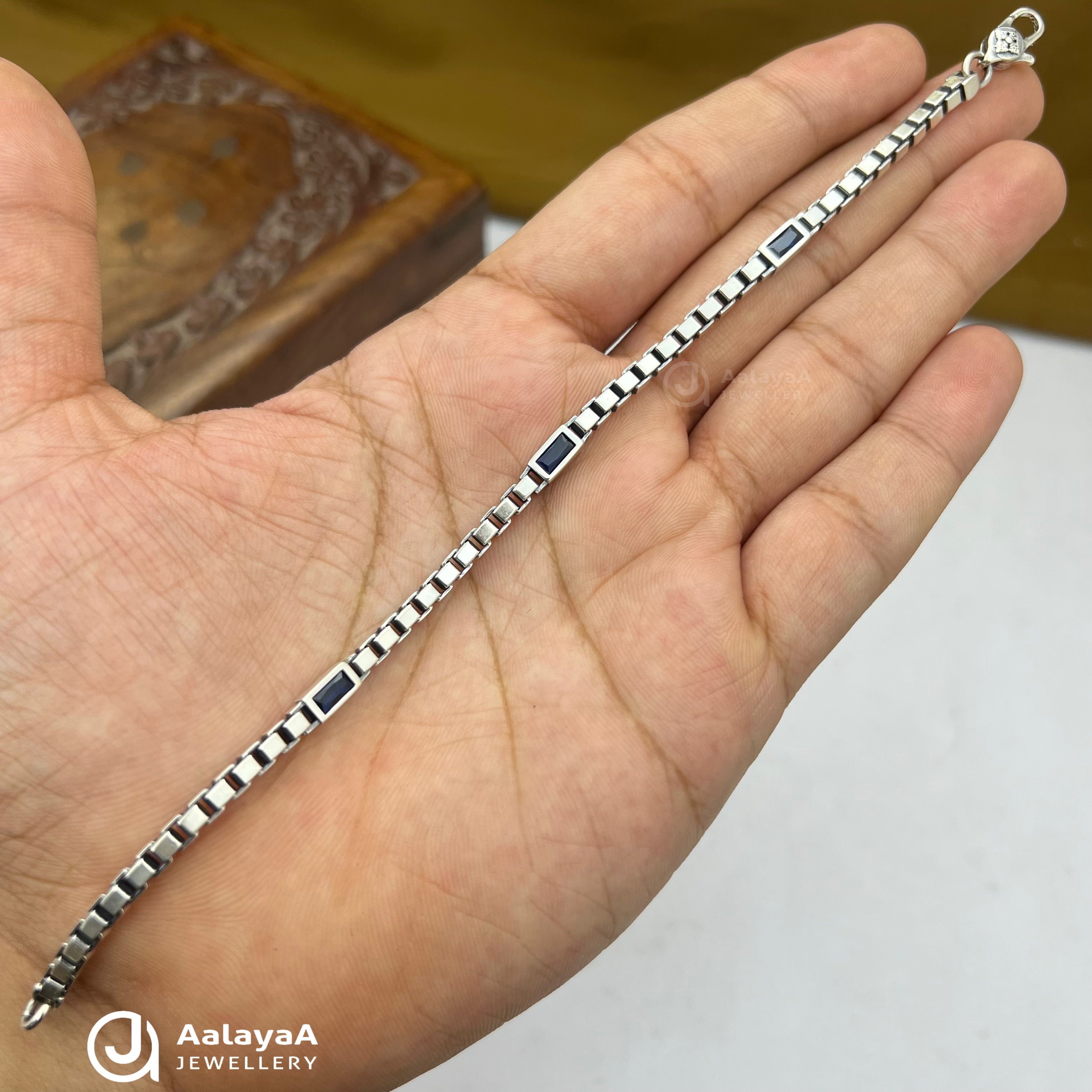 Oxidised Silver Midnight Blue Box Link Bracelet