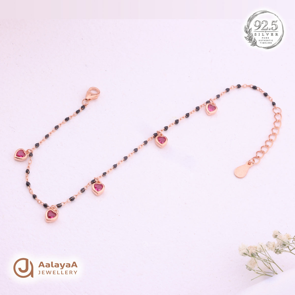 Silver Rosegold Ruby Heart Charm Bracelet
