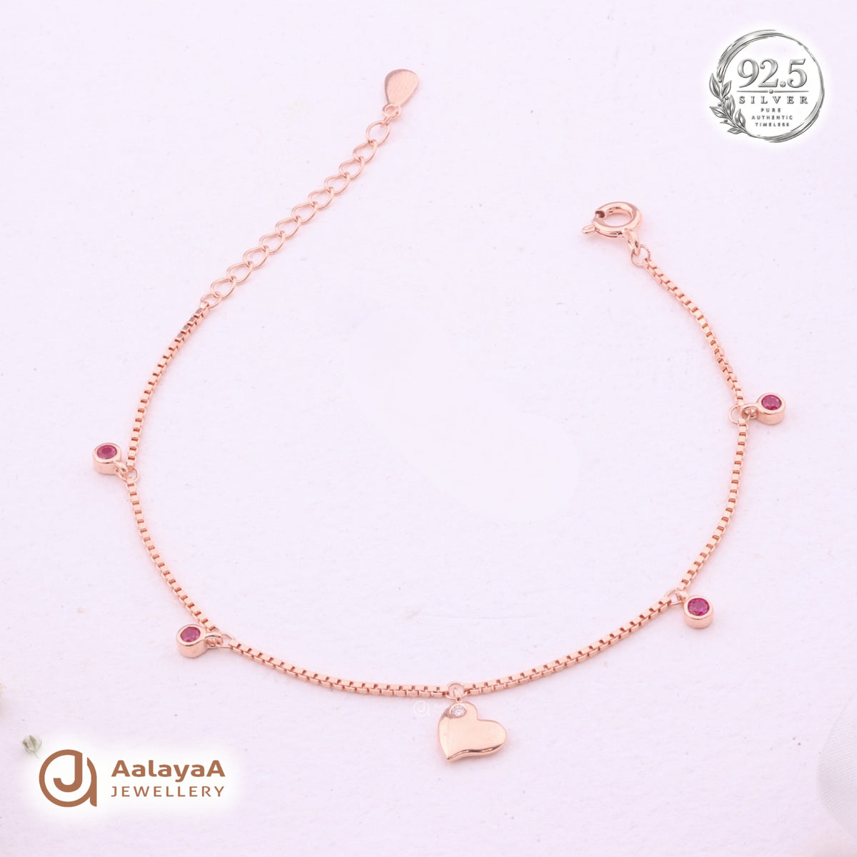 Silver Rosegold Ruby Heart Drop Bracelet