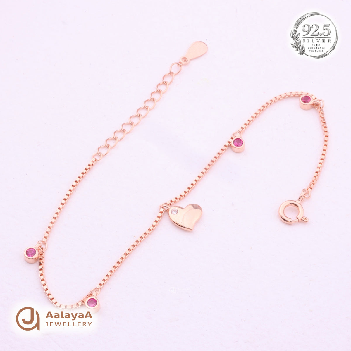 Silver Rosegold Ruby Heart Drop Bracelet