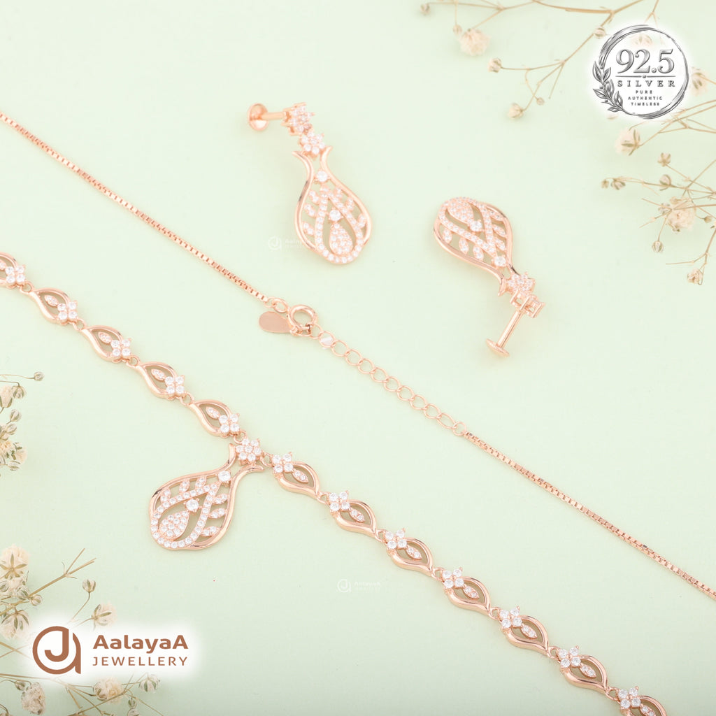 Silver Rose Gold Avira Teardrop Necklace Set