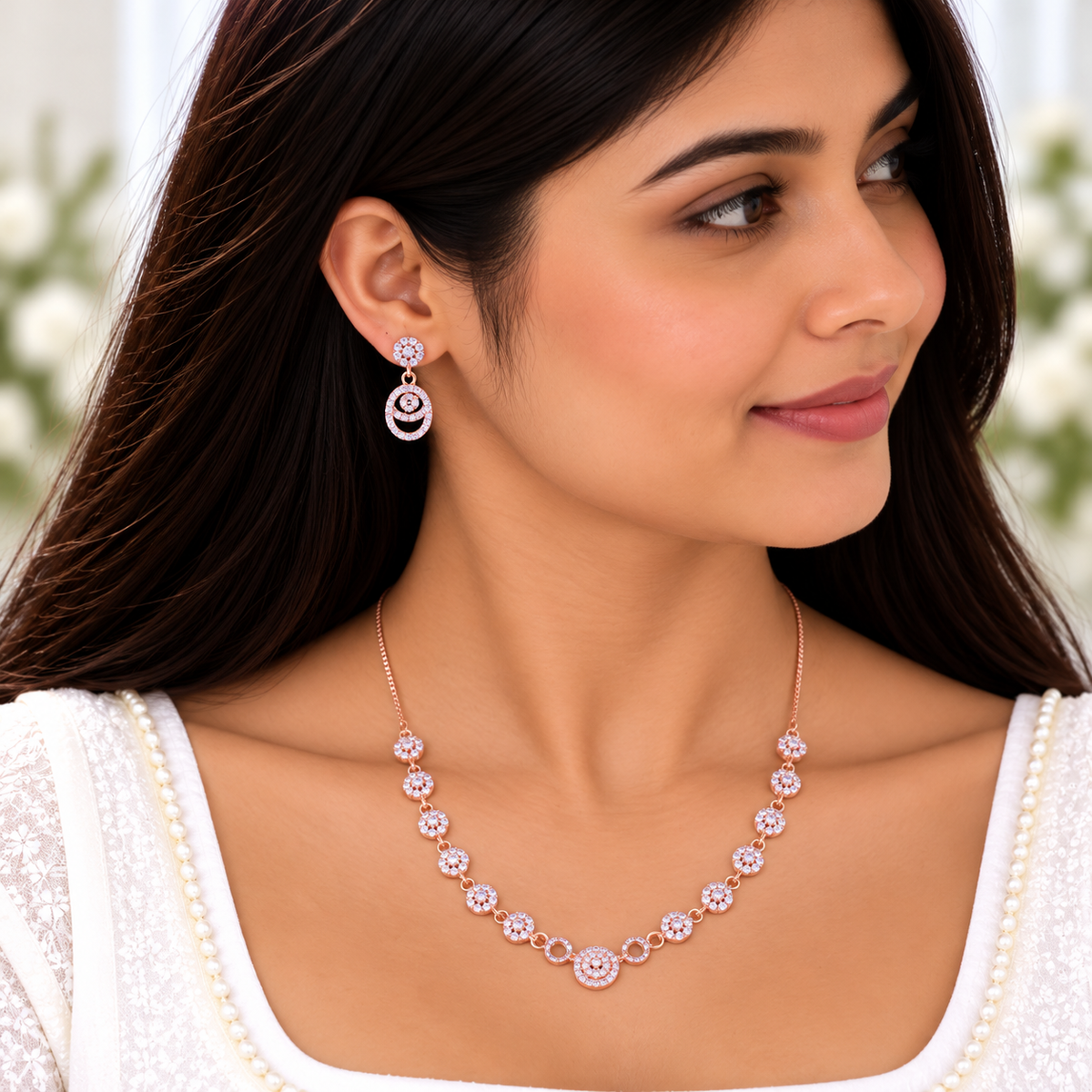 Silver Rose Gold Miraya Halo Necklace Set