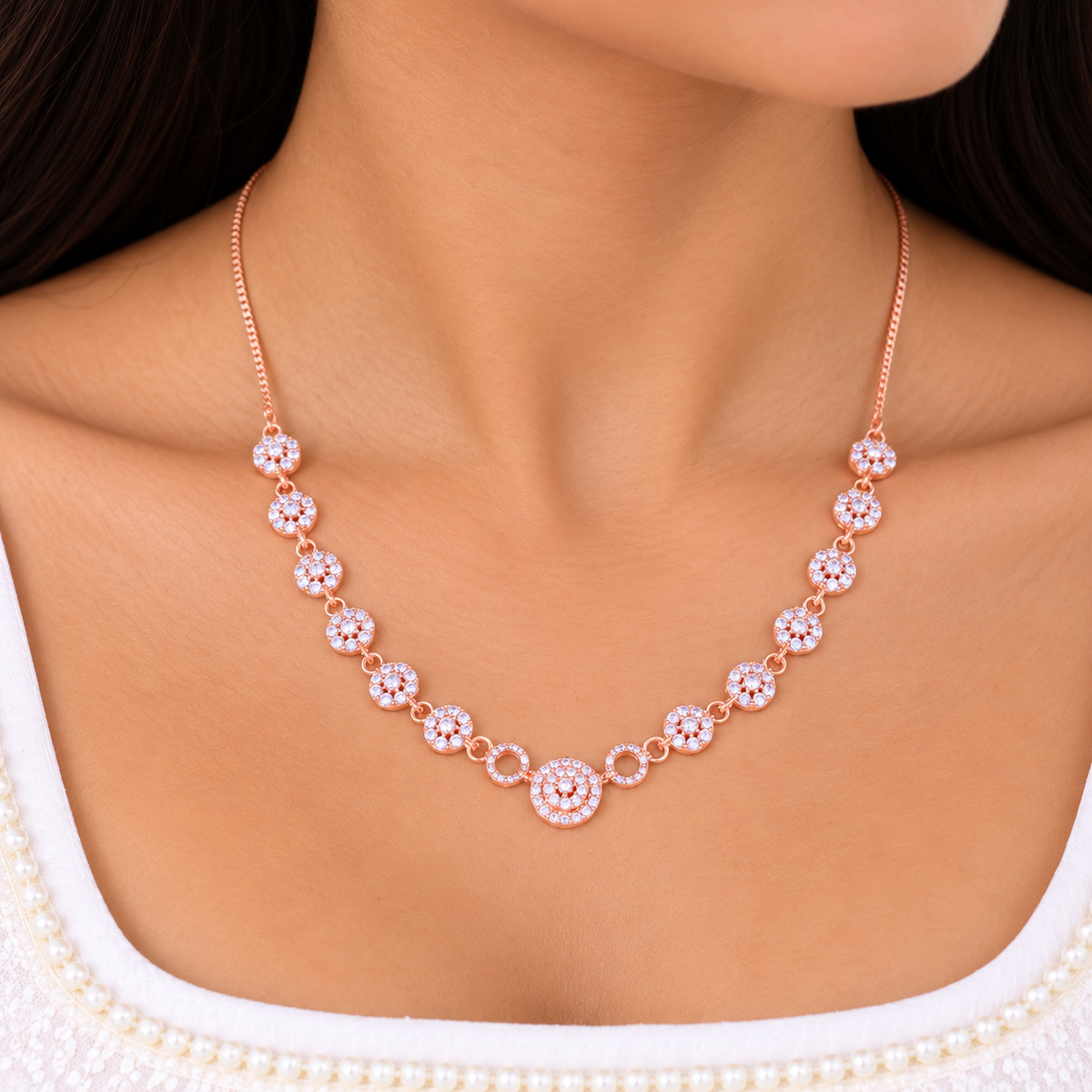 Silver Rose Gold Miraya Halo Necklace Set