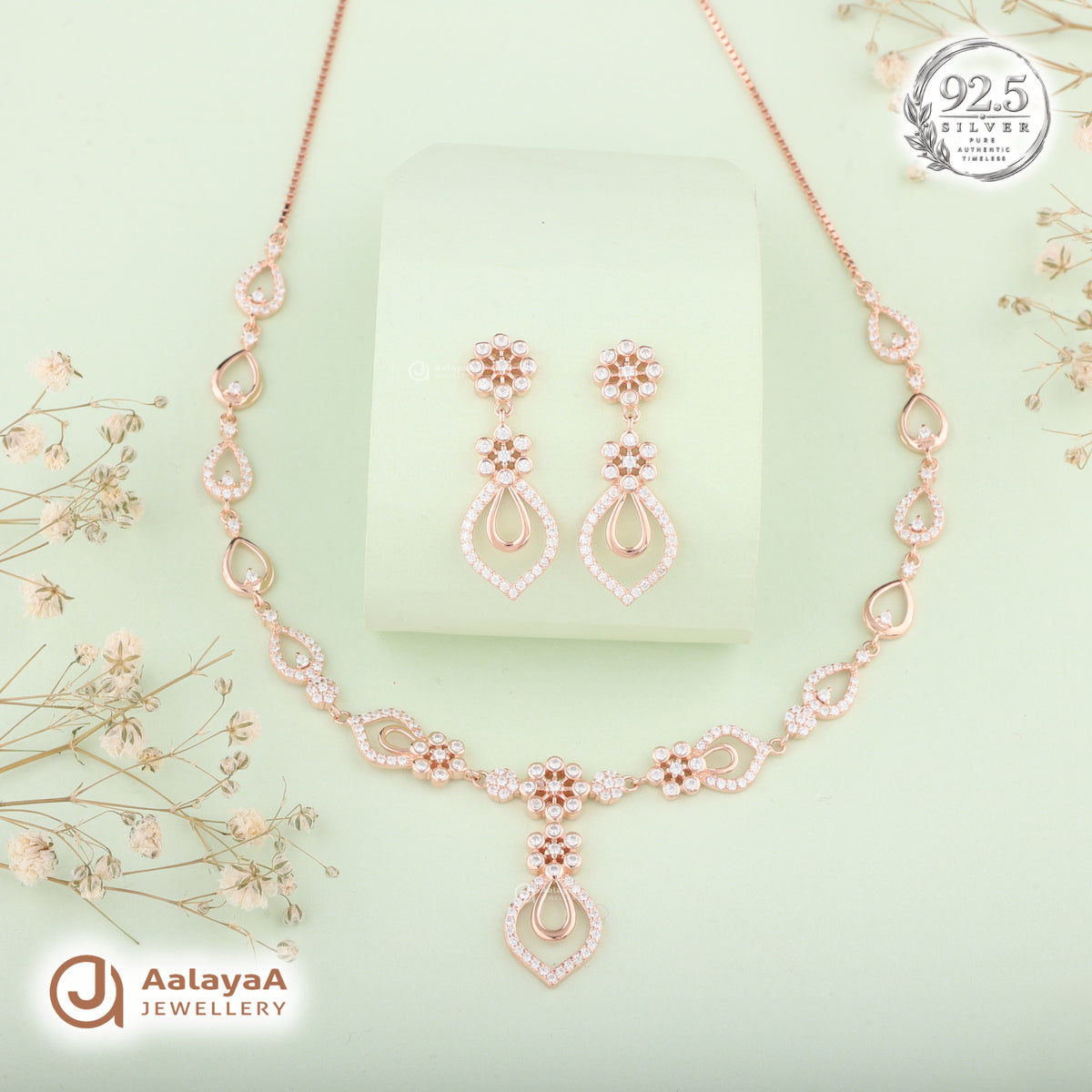 Silver Rose Gold Celestia Floral Necklace Set