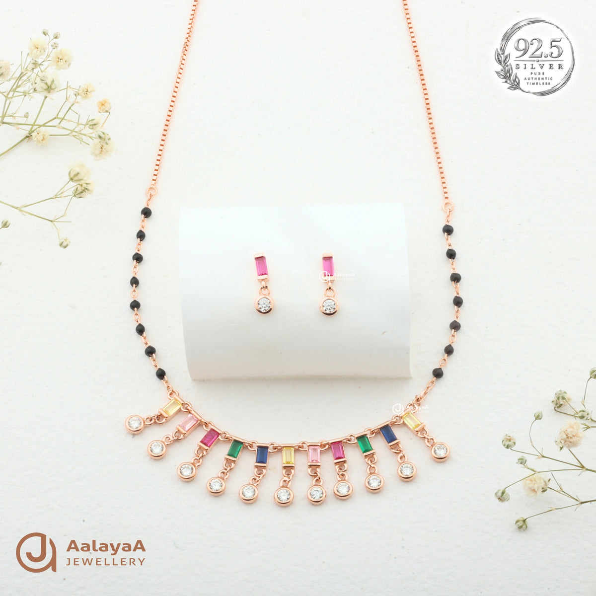Silver Rosegold Aurora Prism Drop Necklace Set
