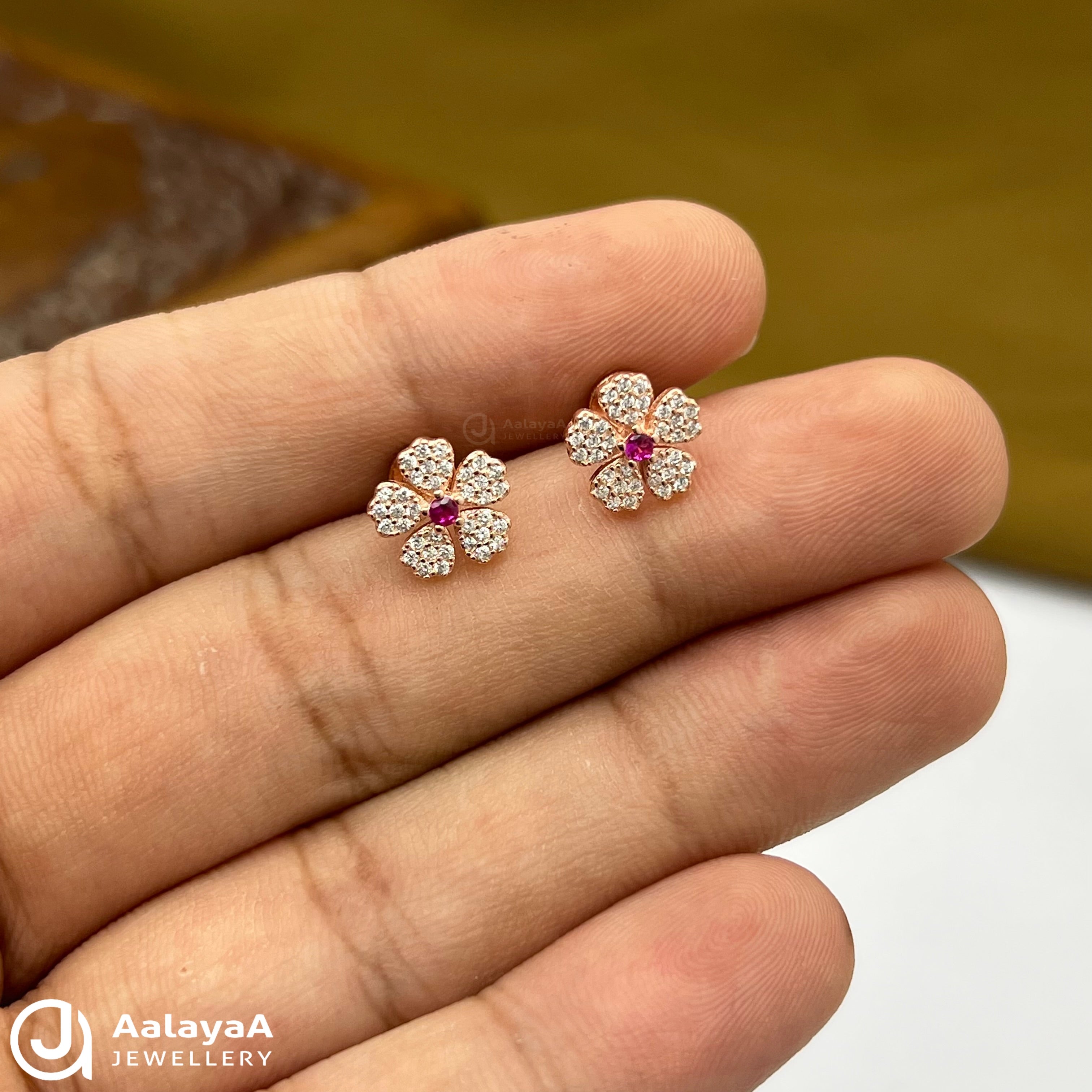 Silver Rose Gold Ruby Bloom Earings