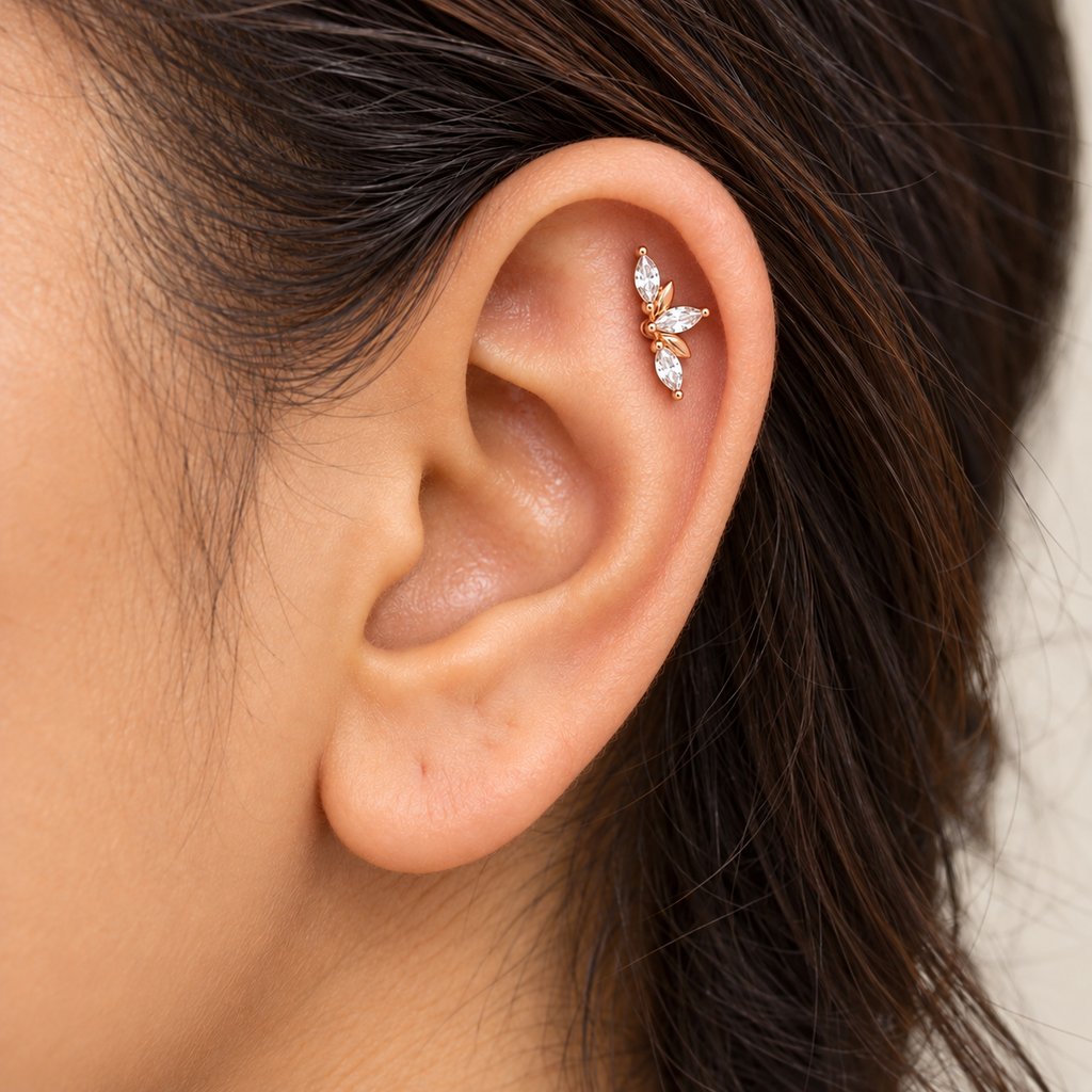 Silver RoseGold Olive Leaf Side Stud