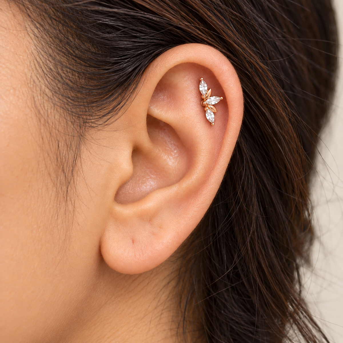 Silver RoseGold Olive Leaf Side Stud