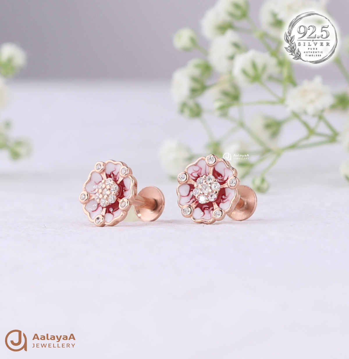 Silver RoseGold Rosy Petal Sparkle Earings