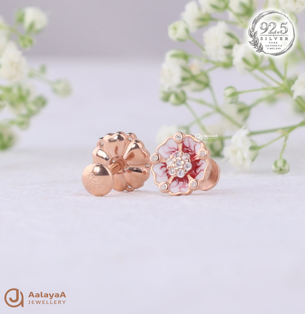 Silver RoseGold Rosy Petal Sparkle Earings
