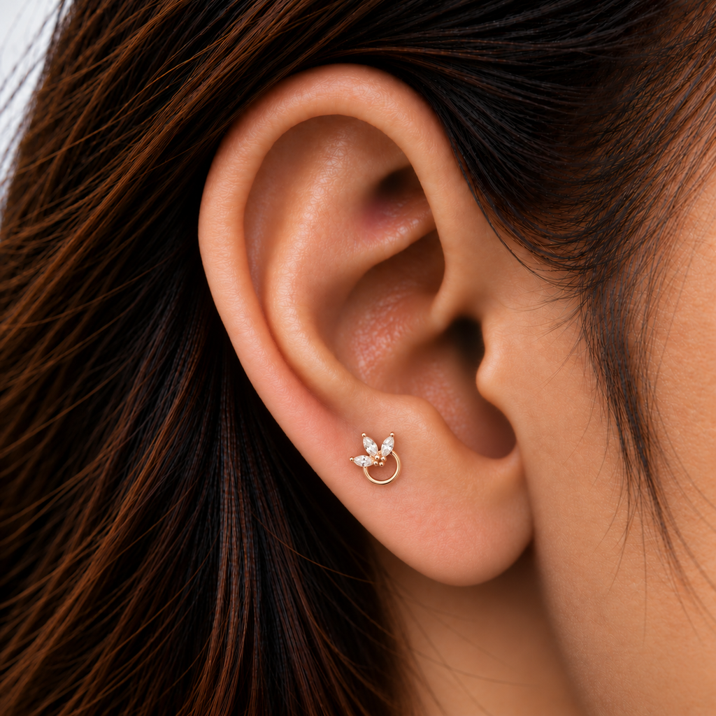 Silver RoseGold Circle Leaf Side Stud