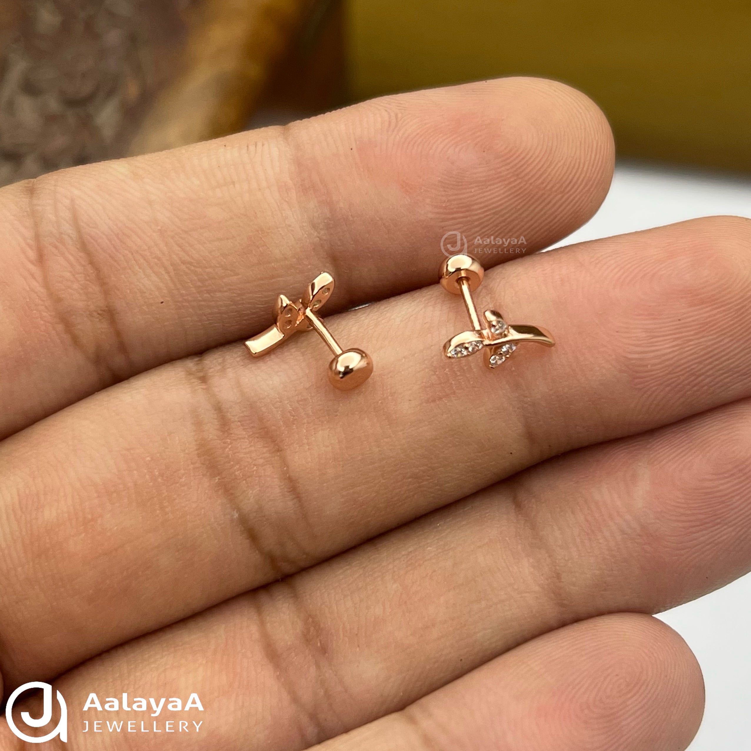 Silver RoseGold Three Leaf Side Stud