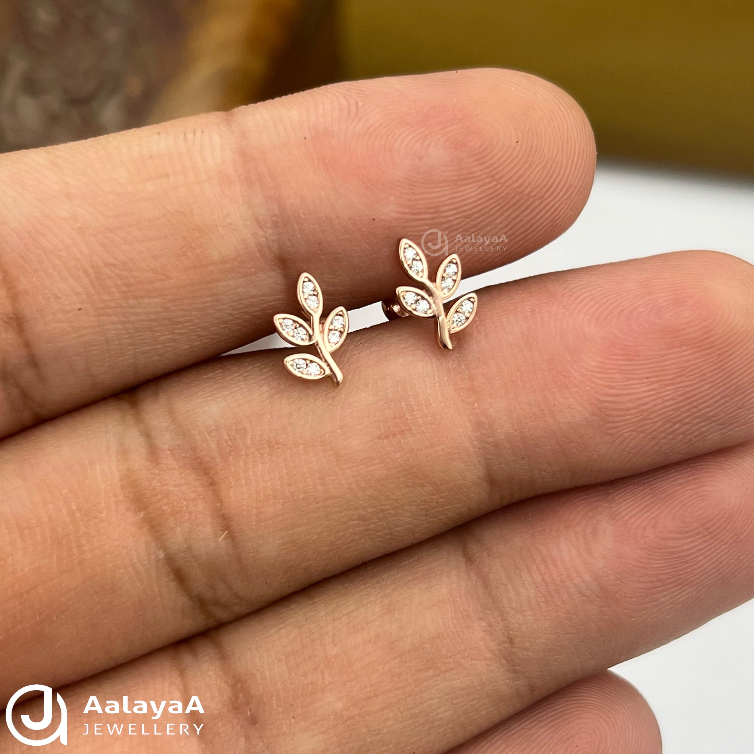 Silver RoseGold Dew Leaf Side Stud