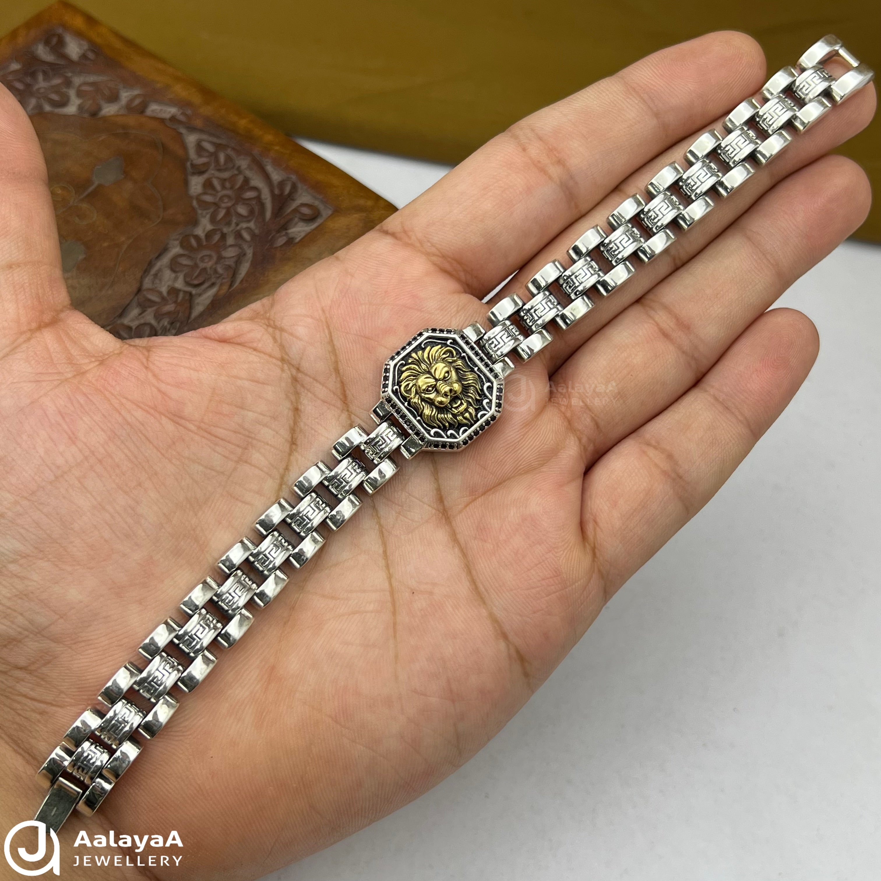 Silver Antique Golden Crown Lion Bracelet