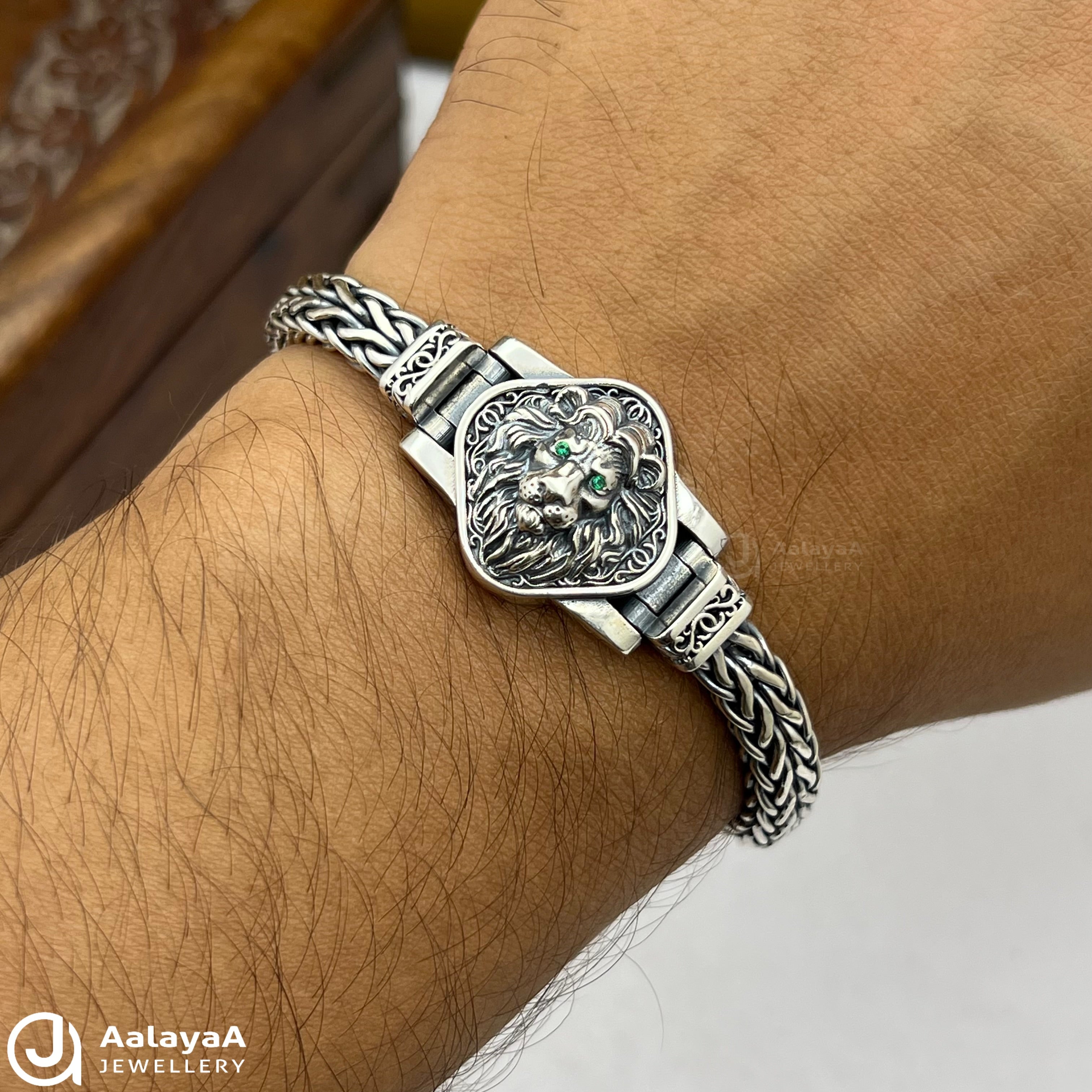 Silver Antique Emerald Eye Lion Bracelet