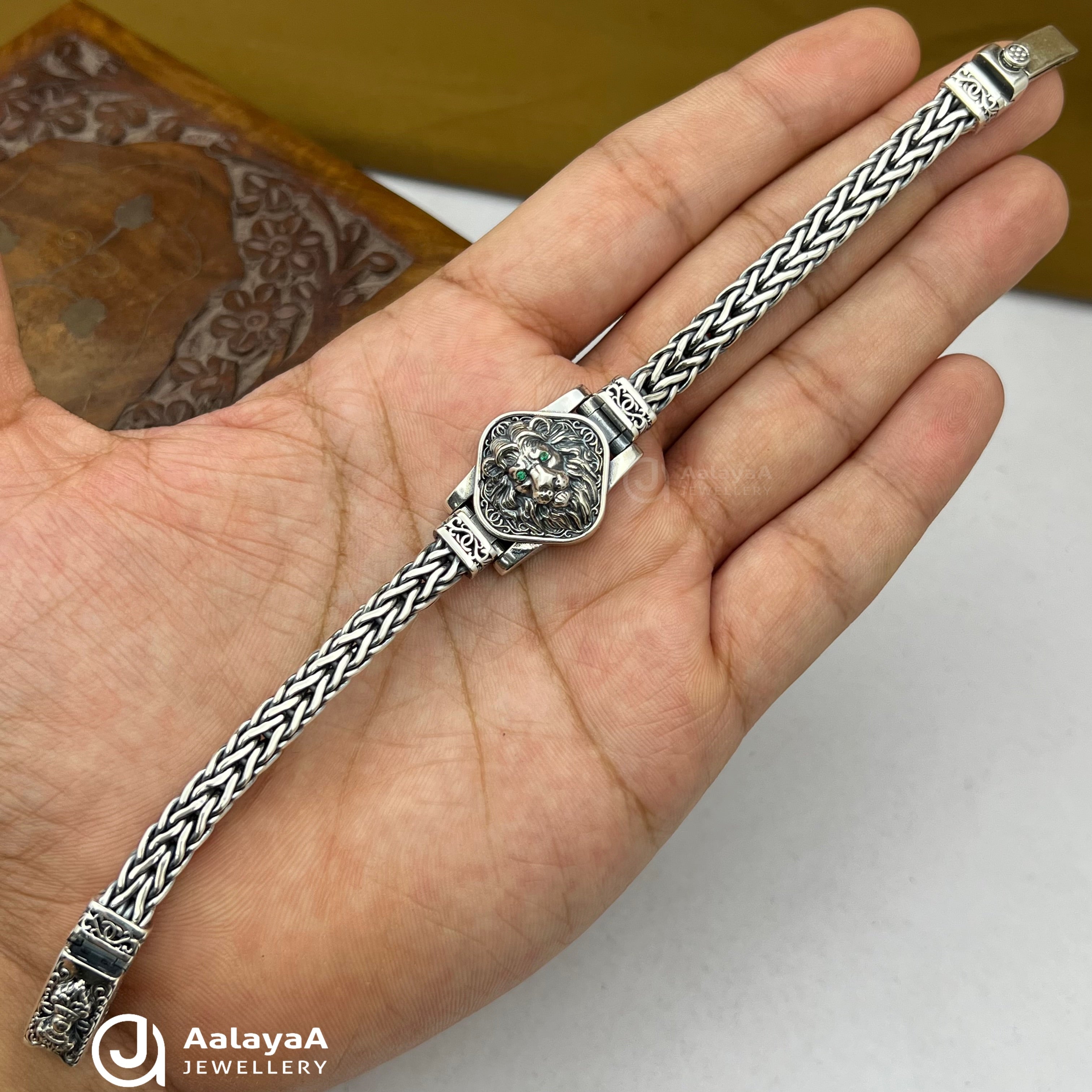 Silver Antique Emerald Eye Lion Bracelet