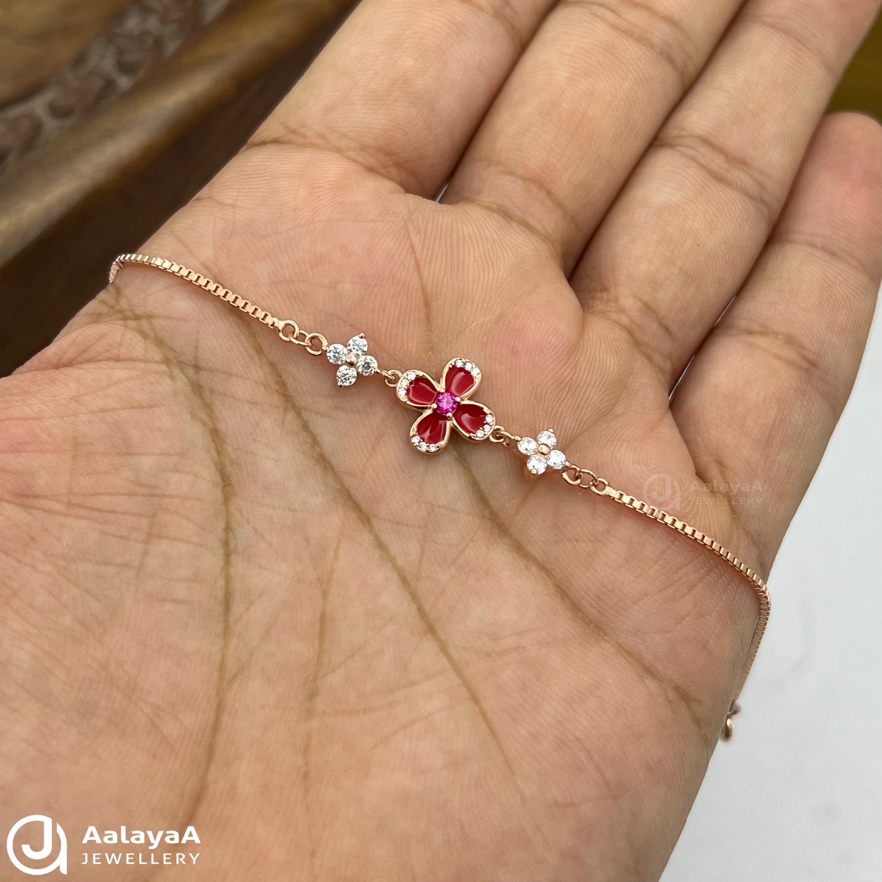 Silver Rose Gold Red Velvet Flower Bracelet